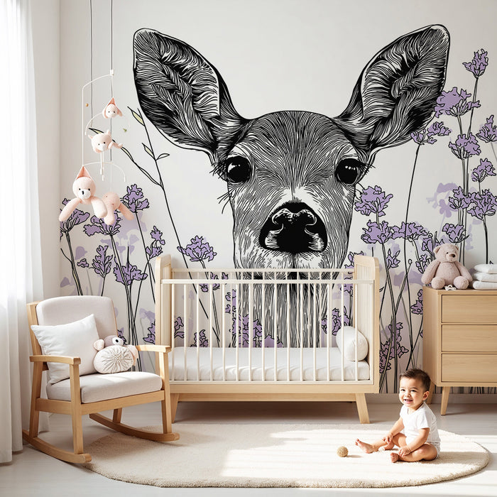 Papier peint chambre bébé | Cerf délicat entouré de fleurs lavande