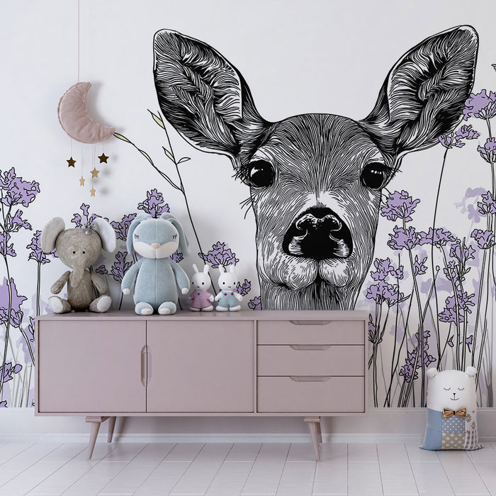 Papier peint chambre bébé | Cerf délicat entouré de fleurs lavande
