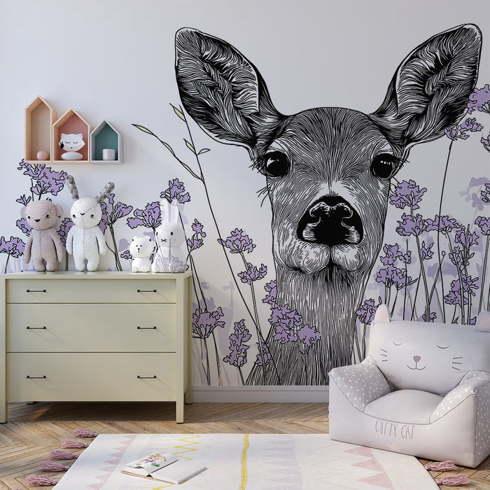 Papier peint chambre bébé | Cerf délicat entouré de fleurs lavande