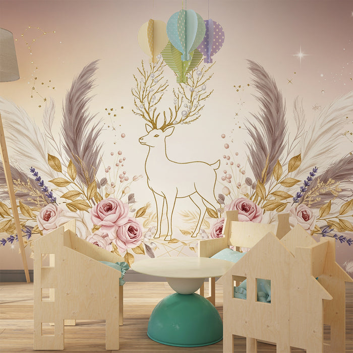 Papier peint chambre bébé | Cerf élégant entouré de fleurs et de plumes dorées