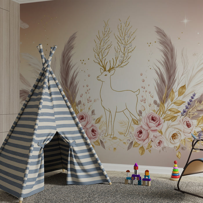 Papier peint chambre bébé | Cerf élégant entouré de fleurs et de plumes dorées