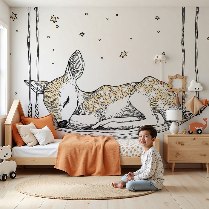 Papier peint chambre bébé | Cerf endormi sous les étoiles
