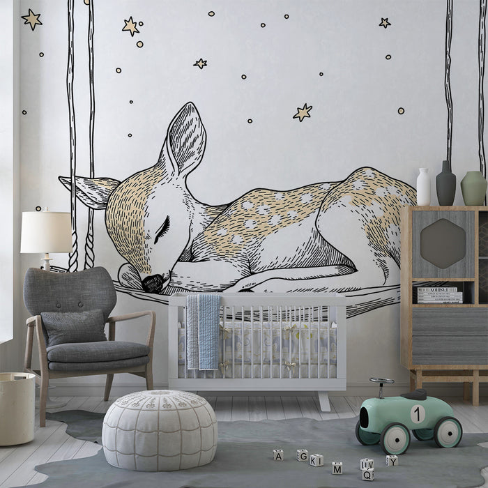 Papier peint chambre bébé | Cerf endormi sous les étoiles