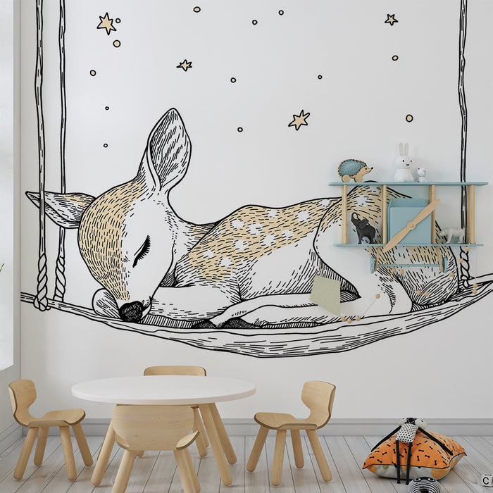 Papier peint chambre bébé | Cerf endormi sous les étoiles