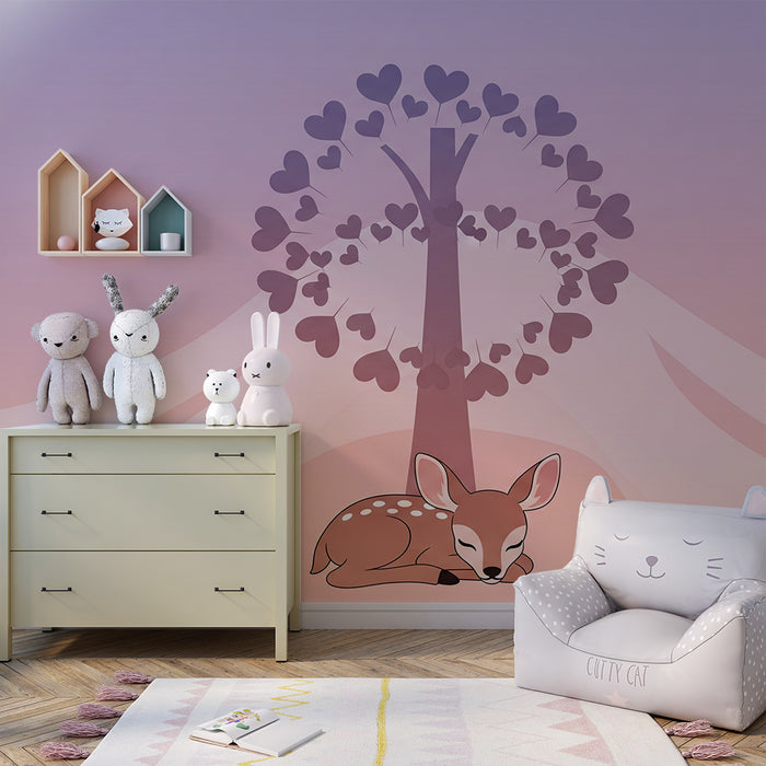 Nursery room wallpaper | Sleeping deer under a tree with hearts
