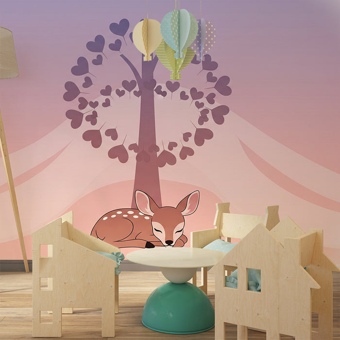 Nursery room wallpaper | Sleeping deer under a tree with hearts