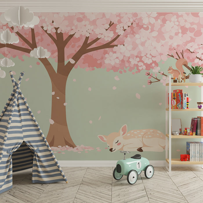 Barntapet | Sovande hjort under ett blommande körsbärsträd