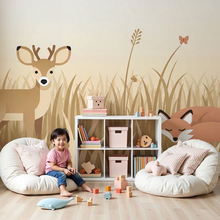 Papel de parede quarto bebê | Jelen in lisica, ki spita v zlatem polju