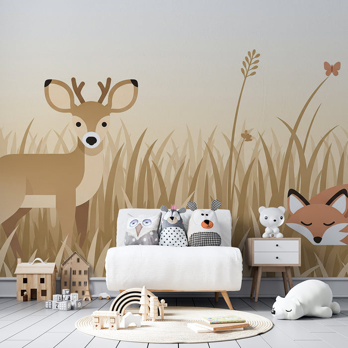 Papel de parede quarto bebê | Jelen in lisica, ki spita v zlatem polju