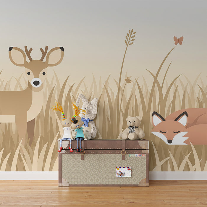 Papel de parede quarto bebê | Jelen in lisica, ki spita v zlatem polju