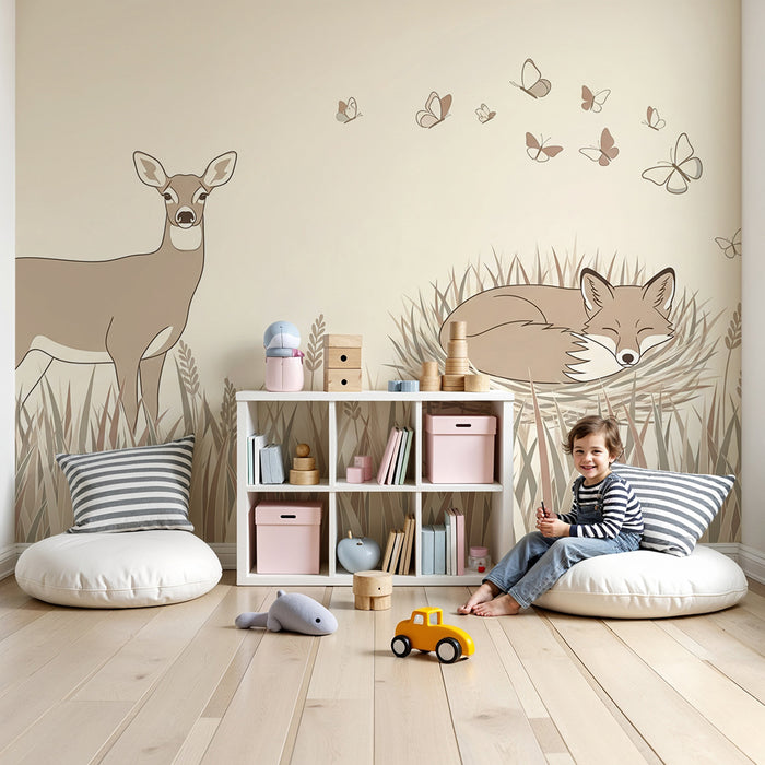 Papel de parede quarto bebê | Jelen in lisica, ki spita obdana s metulji