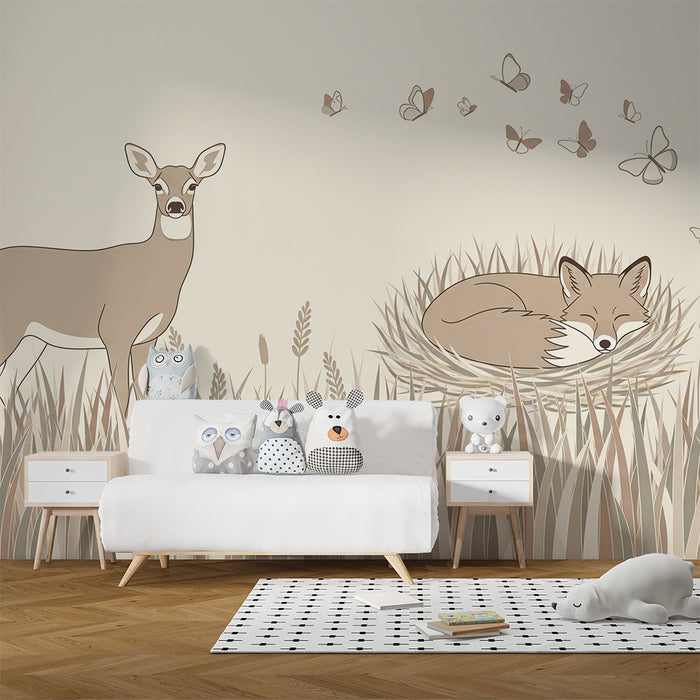 Papel de parede quarto bebê | Jelen in lisica, ki spita obdana s metulji