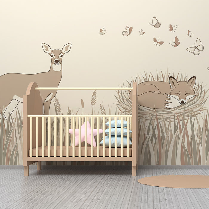Papel de parede quarto bebê | Jelen in lisica, ki spita obdana s metulji