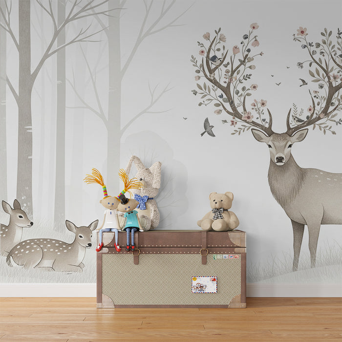 Paberi tapeet beebitoa jaoks | Majesteetlik hirv ja vasikas pehmes metsas