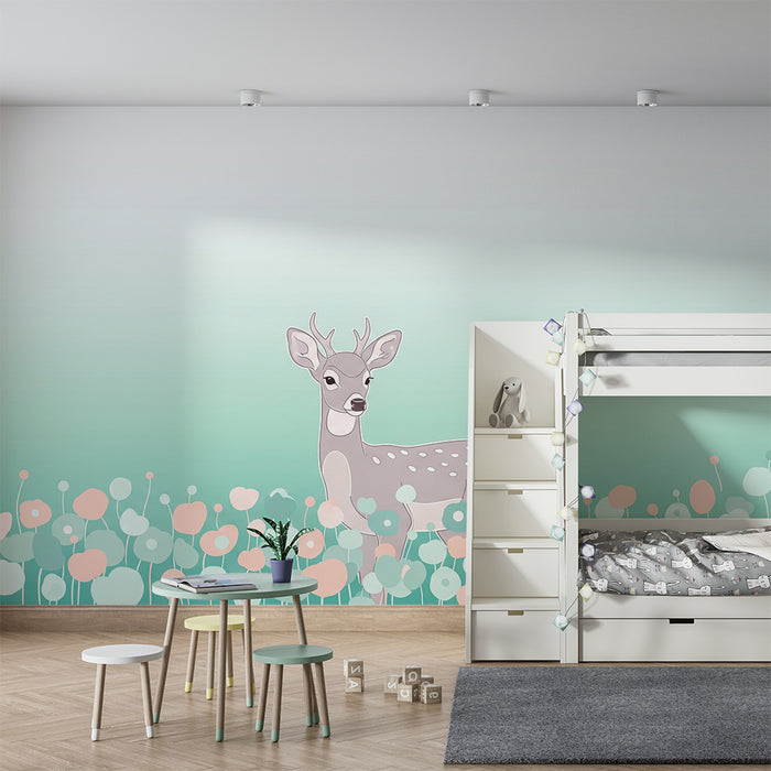 Babykamer behang | Schattig hertje te midden van pastelbloemen
