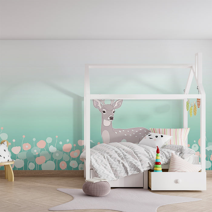 Babykamer behang | Schattig hertje te midden van pastelbloemen