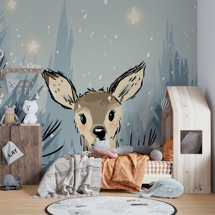 Babykamer behang | Schattig hert in besneeuwd bos