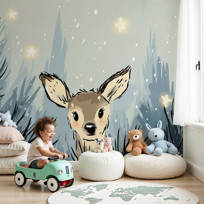 Babykamer behang | Schattig hert in besneeuwd bos