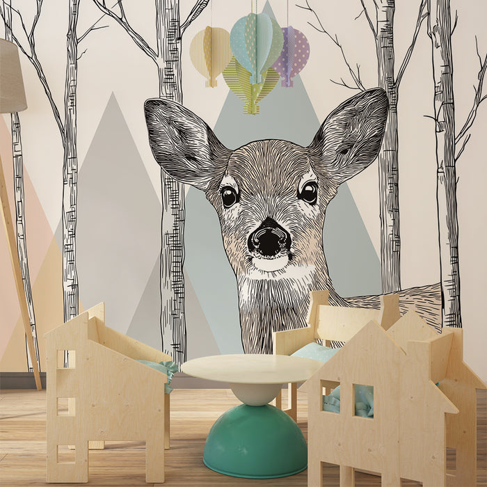 Tapet pentru camera de copii | Cerb drăguț înconjurat de copaci și forme geometrice pastel.