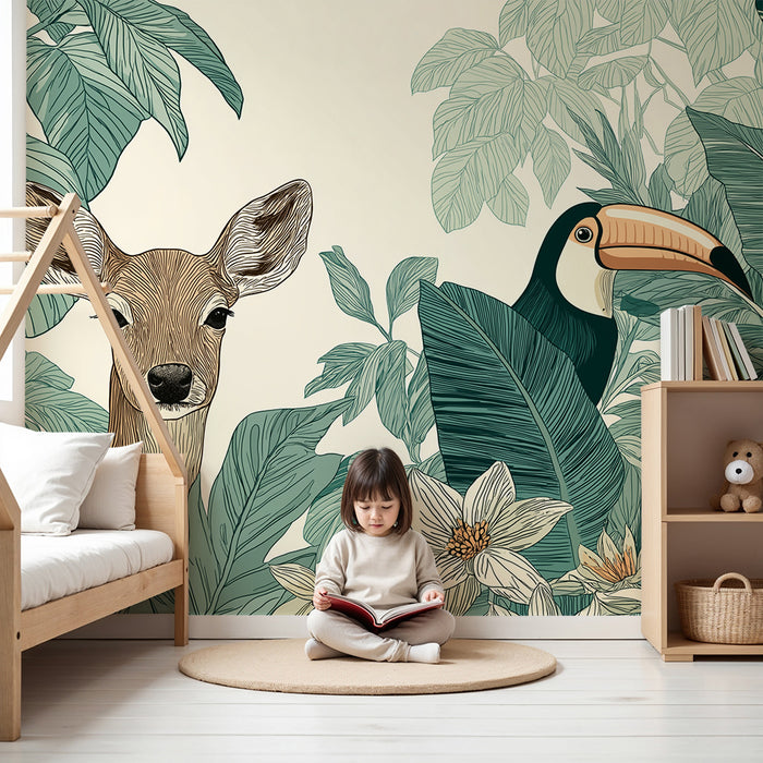 Papier peint chambre bébé | Cerf mignon et toucan au cœur de la jungle