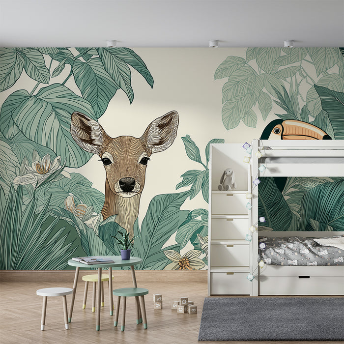 Papier peint chambre bébé | Cerf mignon et toucan au cœur de la jungle
