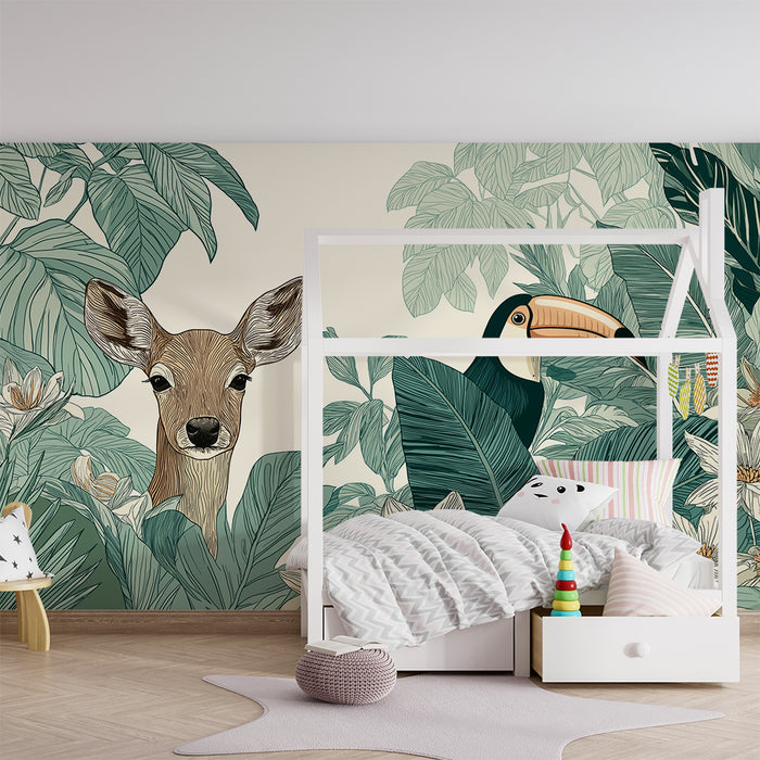 Papier peint chambre bébé | Cerf mignon et toucan au cœur de la jungle