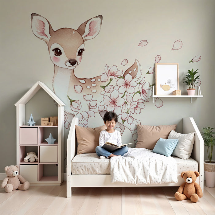 Papier peint chambre bébé | Cerf mignon orné de fleurs délicates