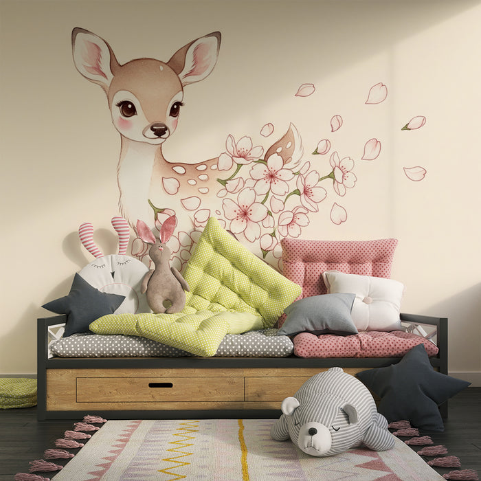 Papier peint chambre bébé | Cerf mignon orné de fleurs délicates