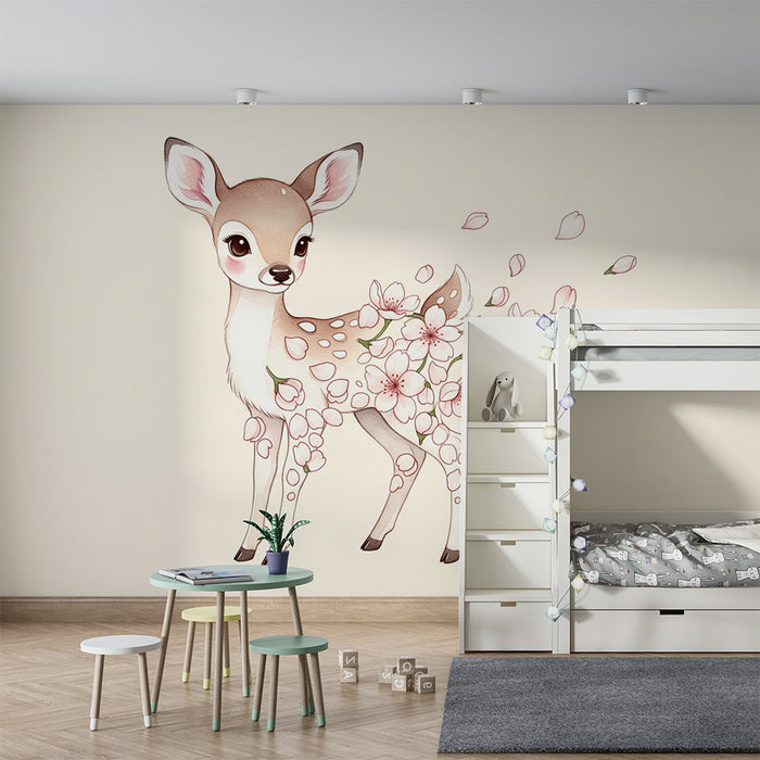 Papier peint chambre bébé | Cerf mignon orné de fleurs délicates