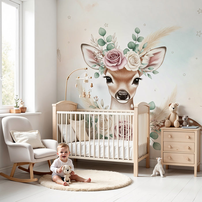 Tapeta do dětského pokoje | Rozkošný jelen zdobený květy a pastelovými hvězdami