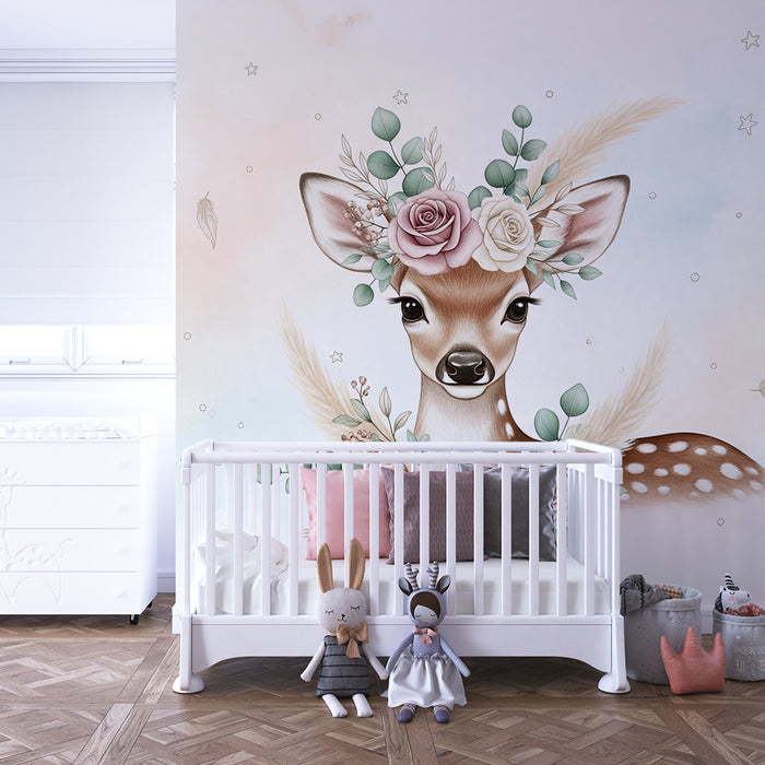Tapeta do dětského pokoje | Rozkošný jelen zdobený květy a pastelovými hvězdami