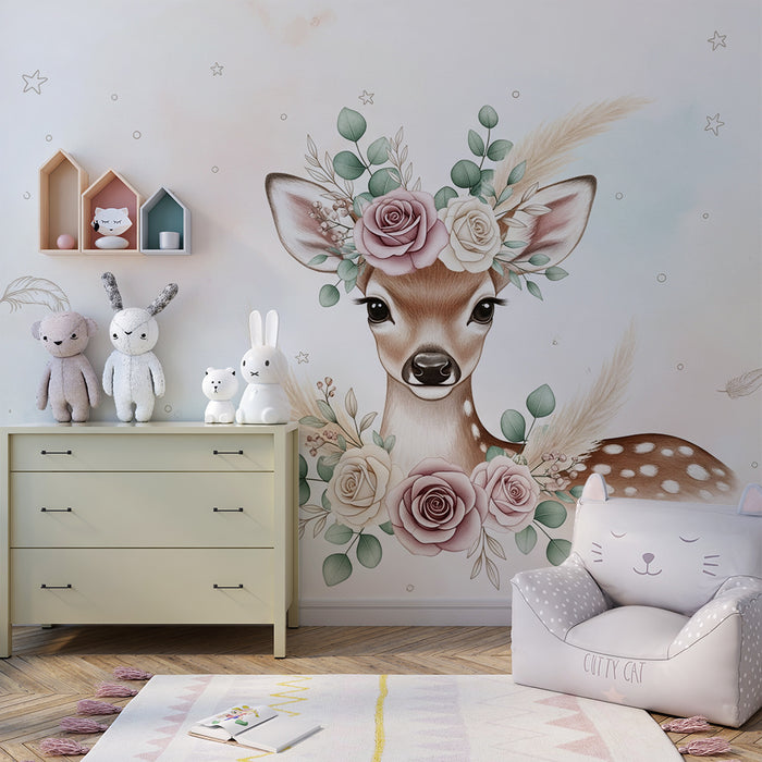 Tapeta do dětského pokoje | Rozkošný jelen zdobený květy a pastelovými hvězdami