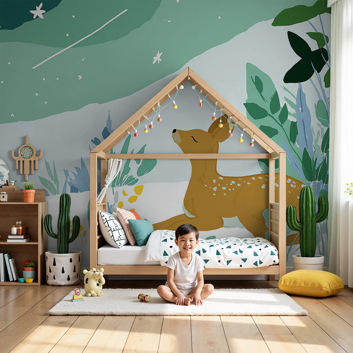 Papier peint chambre bébé | Cerf paisible sous un ciel étoilé