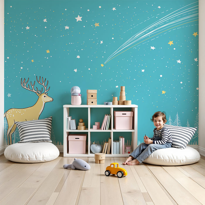 Papier de parede za bebe sobu | Jelen ispod zvjezdane noći s bijelim borovima