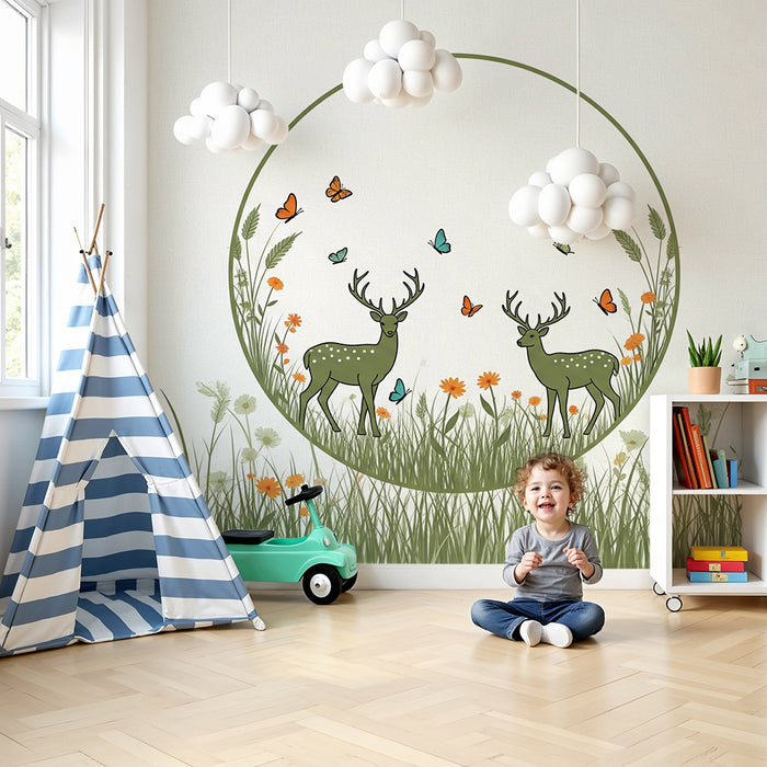Lastenhuoneen tapetti | Hirvet kukkivalla niityllä värikkäiden perhosten kanssa