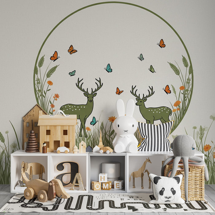 Lastenhuoneen tapetti | Hirvet kukkivalla niityllä värikkäiden perhosten kanssa