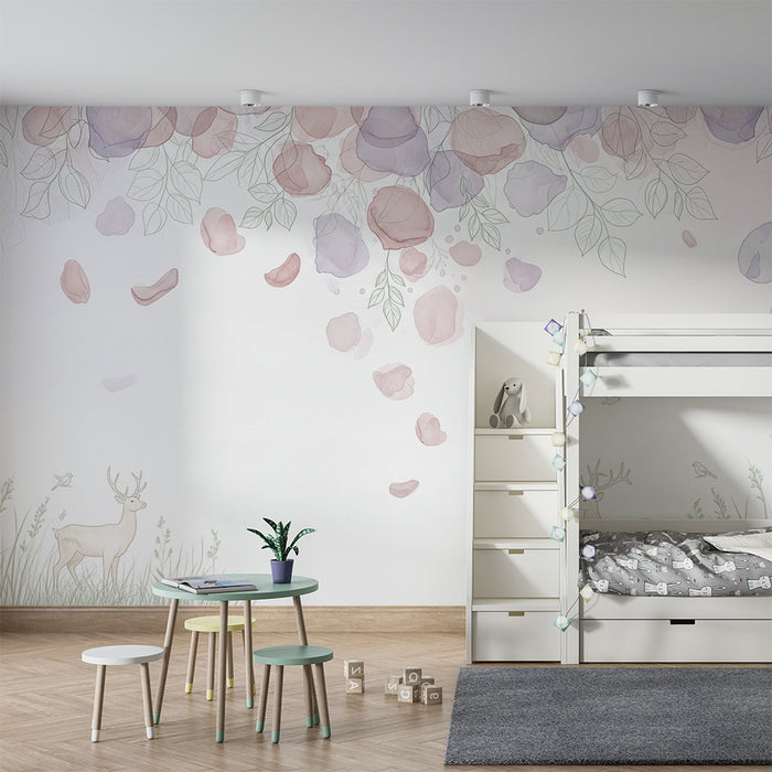 Lastenhuoneen tapetti | Herkät peurat vaalean pastellisen kukkataivaan alla