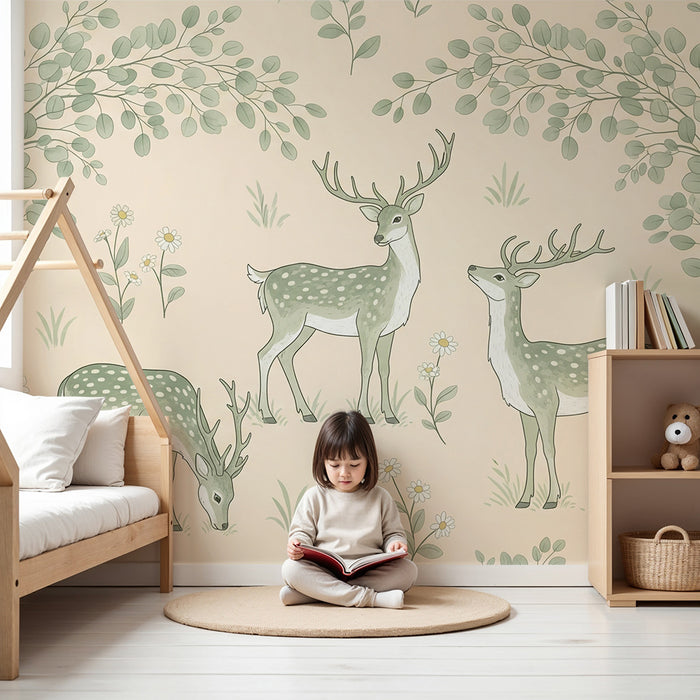 Papier peint chambre bébé | Cerfs élégants dans un paysage floral doux