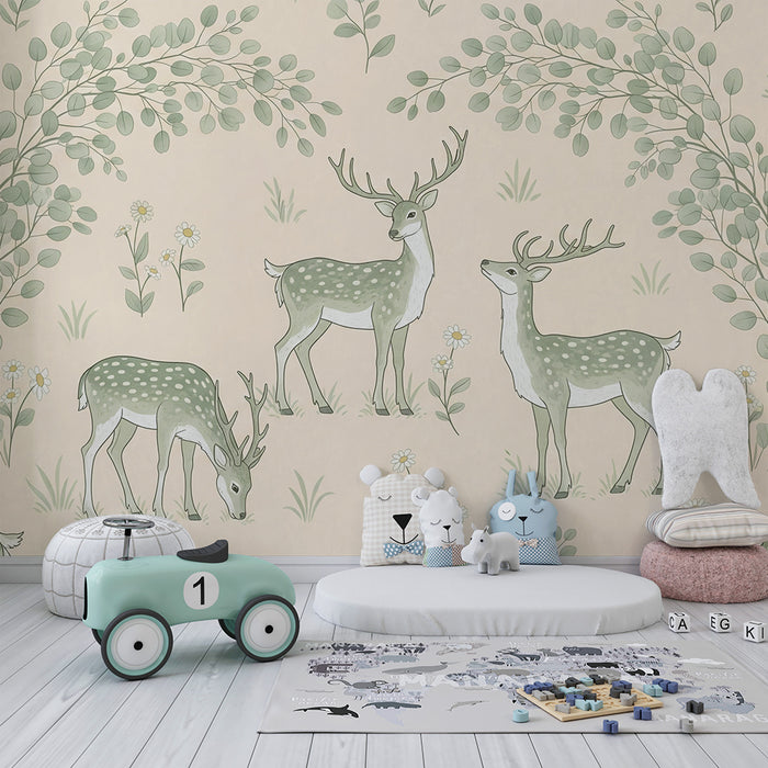 Papier peint chambre bébé | Cerfs élégants dans un paysage floral doux
