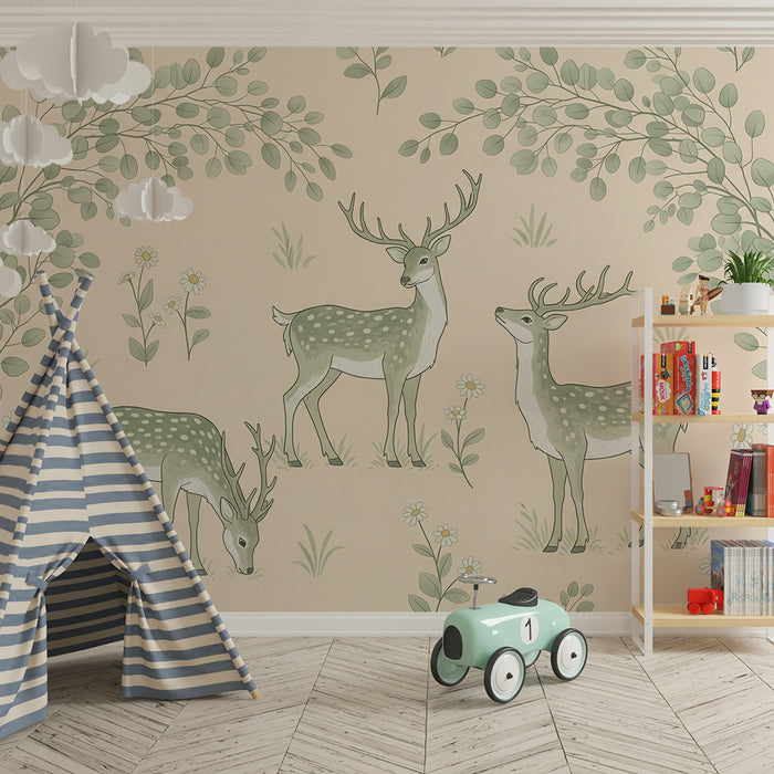 Papier peint chambre bébé | Cerfs élégants dans un paysage floral doux