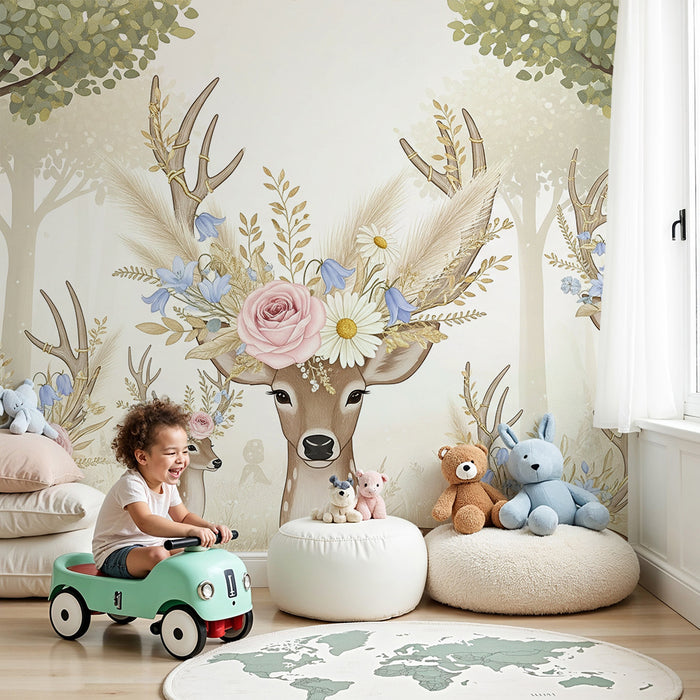 Barntapet | Eleganta hjortar smyckade med blommor i en mild skog.