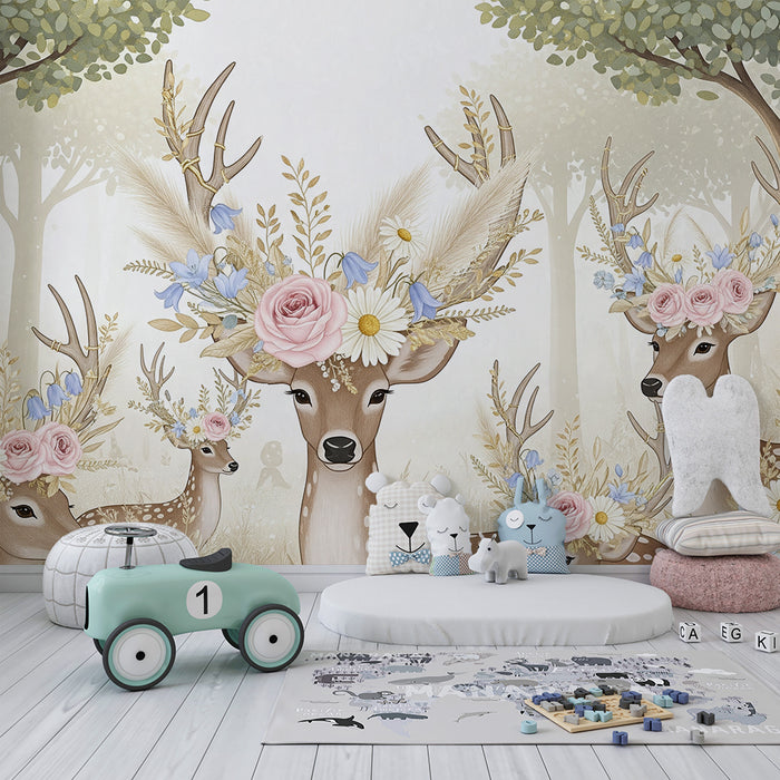 Barntapet | Eleganta hjortar smyckade med blommor i en mild skog.