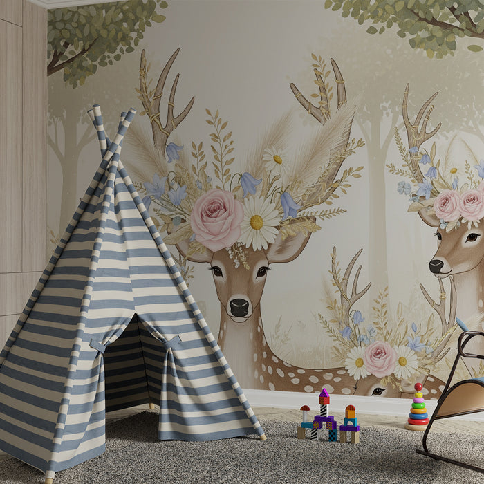 Barntapet | Eleganta hjortar smyckade med blommor i en mild skog.