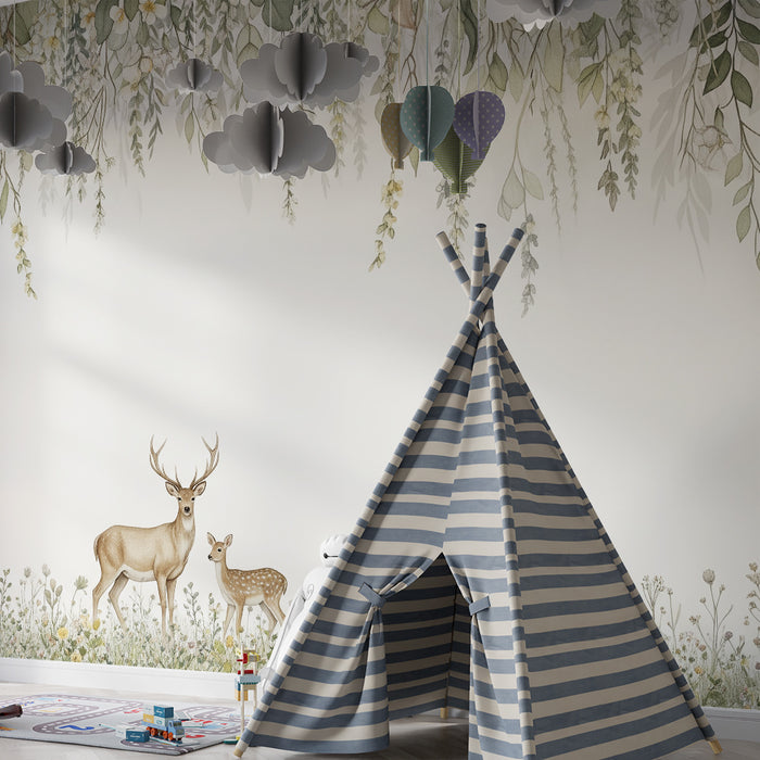 Papel de parede quarto bebê | Ελάφια και σκαμνιά στη μέση ενός λουλουδένιου λιβαδιού