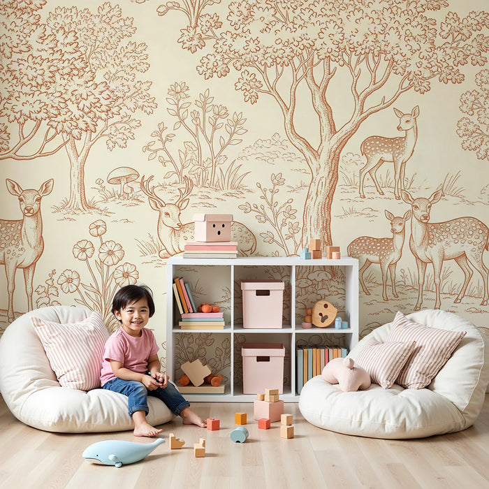 Papier peint chambre bébé | Cerfs et faune dans une forêt paisible