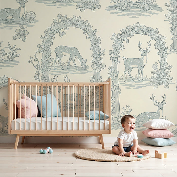 Papel pintado habitación bebé | Ciervos y naturaleza en un decorado delicado