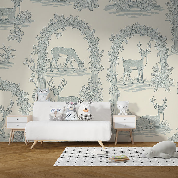 Papel pintado habitación bebé | Ciervos y naturaleza en un decorado delicado