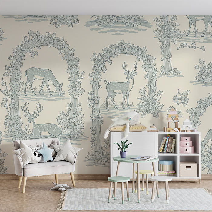 Papel pintado habitación bebé | Ciervos y naturaleza en un decorado delicado