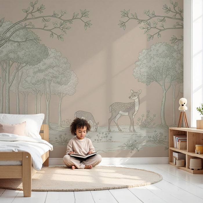 Papier peint chambre bébé | Cerfs gracieux dans une forêt paisible