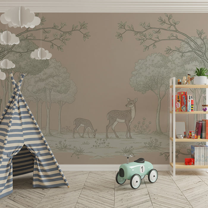 Papier peint chambre bébé | Cerfs gracieux dans une forêt paisible